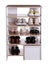 Stylish shelving unit with different pairs of shoes on white background. Storage idea