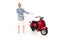 Stylish, shocked young man showing on red scooter  on white