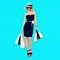 Stylish shopping lady with shopping bags on blue background