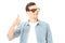Stylish smiling guy. Cheerful young handsome man in sunglasses with thumb up and looking with smile. Copy space. Mock up. Summer
