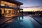 A stylish and sophisticated penthouse pool area in a Los Angeles villa, boasting mid-century modern architecture, sleek lines, and