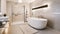 A Stylish Spacious Bathroom with a White Ceramic Bathtub, Glass Shower Cabin, Heated Towel Rail, and Illuminated Elegance.