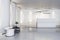 Stylish spacious welcome area in white interior design office with reception desk on white wall background and armchairs on