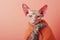 Stylish Sphynx Cat in Orange Knit Sweater with Tattooed Arm