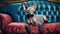 Stylish sphynx cat sitting on a luxurious sofa with velvet upholstery.