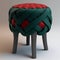 Stylish Stool Design with Dark Grey Braided Top, Red and Green Ribbon Accents, and Dark Green Legs. Generative AI