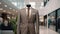 A stylish suit on display in a upscale mall setting with available space for text or design elements