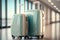 Stylish suitcases standing in airport terminal hall. AI Generative