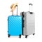 Stylish suitcases for travelling on background