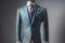 Stylish suits on mannequins on solid color background, closeup. ai generative