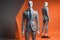 Stylish suits on mannequins on solid color background, closeup. ai generative