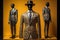 Stylish suits on mannequins on solid color background, closeup. ai generative