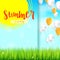 Stylish summer advertisement background. Blue summer sky backdrop with clouds, flying balloons, grass, daisies, ladybugs