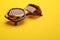 Stylish sunglasses on yellow background. Fashionable accessory