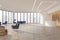 Stylish sunlit spacious waiting area hall in modern business center with city view background from panoramic window, light ceiling