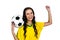 Stylish supporting woman holding football ball rejoicing