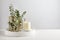 Stylish tender composition with burning candle and plants on white wooden table against light background. Cozy