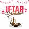 Stylish text Iftar celebration with illustration of food and drink products on white background.