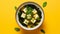 Stylish Tofu And Seaweed Soup On Bright Yellow Background