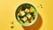 Stylish Tofu And Seaweed Soup On Yellow Background