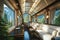 Stylish train coach with white leather Couches and Tables Adorn the Modern Luxury Train Interior, Tailored for Elite