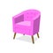 Stylish trendy model of an armchair in a trendy pink color with armrests on wooden legs. Isolated vector illustration of