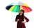 stylish tween girl. happy child hold colorful parasol. kid with rainbow umbrella isolated on white.