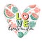 Stylish typography slogan design `Love watermelon` sign. Watermelon, flowers, tropical leaves with lettering.