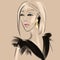 Stylish unusual drawing a sketch of a girl close-up with a bob haircut in a black dress and gold jewelry