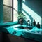 Stylish and upscale bathroom vanity featuring a blue turquoise quartz counter top with an edge, a black faucet, and natural