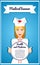 Stylish Vector banner for health services. Frame for text. Girl holding banner. Information plate Nurse, nanny. The girl\'s face.