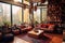 A stylish and vibrant bohemian living room with unique interior design, Generative Ai