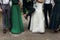 Stylish wedding bride groom with groomsmen and bridesmaid posing at wedding reception. guests toasting. photo booth ideas