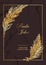 Stylish Wedding Card. Vintage wedding invitation template with marble texture background and golden frame with feathers. Trendy