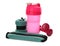 Stylish weighting agents, dumbbells and shaker on white background