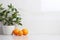 Stylish white quartz countertop with potted plant and oranges. Modern minimalistic kitchen interior details.