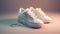 Stylish white women\\\'s sneakers on a soft pastel background, advertising shoes. Al generated