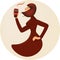 Stylish woman drinks coffee with delight. Emblem for coffee shop, cafes. Glamorous elegant girl with a paper cup in a free pose.