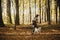 Stylish woman in hat and with backpack walking with cute dog in sunny autumn woods. Young female traveler hiking with swiss