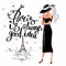 Stylish woman in little black dress and hat in Paris. Illustration