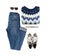 Stylish woman look. Woman/girl outfit on white background. Blue denim jeans , aztek print sweater, flower print sneakers, retro su