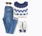 Stylish woman look. Woman/girl outfit on white background. Blue denim jeans , aztek print sweater, flower print sneakers, retro su