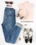 Stylish woman look. Woman/girl outfit on white background. Blue denim jeans , peach tshirt, flower print sneakers, hand watch, hea