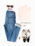 Stylish woman look. Woman/girl outfit on white background. Blue denim jeans , peach tshirt, flower print sneakers, hand watch, ret