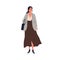 Stylish woman in modern outfit vector flat illustration. Elegant female in skirt and jacket standing holding handbag