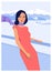 Stylish woman a sea voyage, minimalist flat style fashion illustration, beautiful dress and scarf blowing in wind