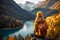 Stylish Woman in Yellow Jacket Admiring Autumn Lake and Mountain Panorama. Generative Ai