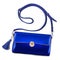 Stylish women`s leather navy blue handbag with a brush on a long