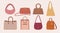 stylish womens handbags set. modern fashionable female bags, tote, shopper, pouch bags, hobo, satchel. vector cartoon