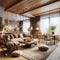 Stylish wooden home living room interior with sofa and fireplace, shelf partition with dining area